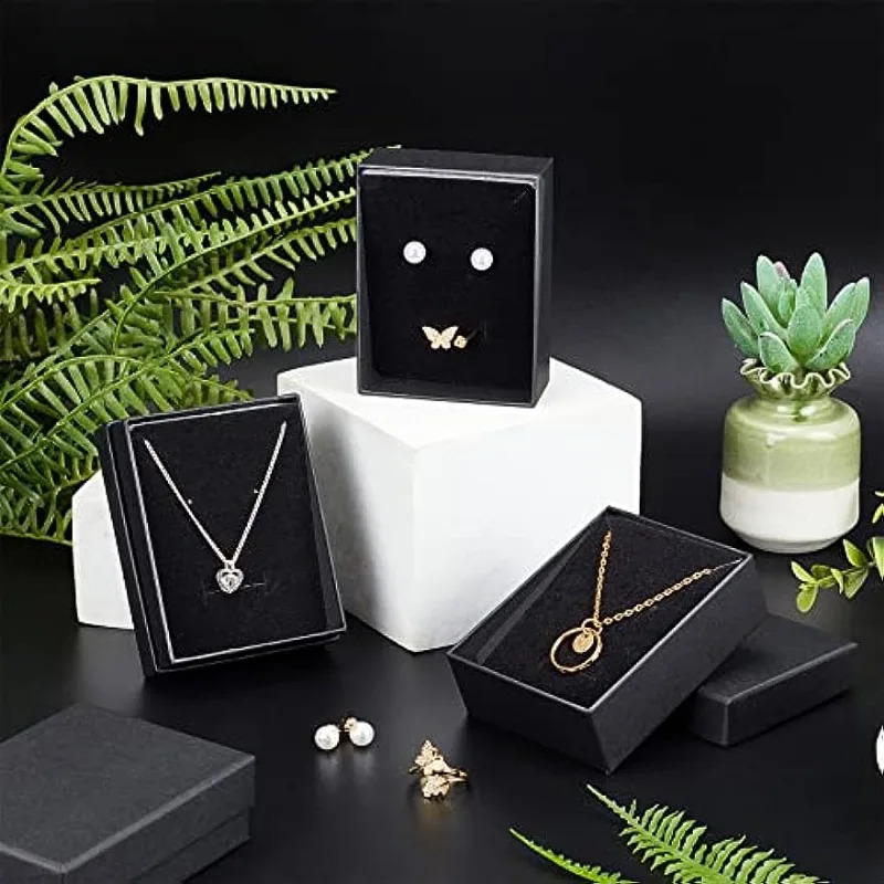 12 Pcs Black Rectangle Jewelry Box 3.5x2.8x1.2 Cardboard Jewelry Boxes with Sponge Inside Kraft Paper Boxes Diy 250222