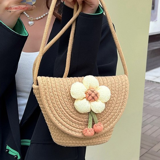 Summer small 2025 new straw bucket beach vacation bag, woven single shoulder crossbody women's bag #swissmilitary