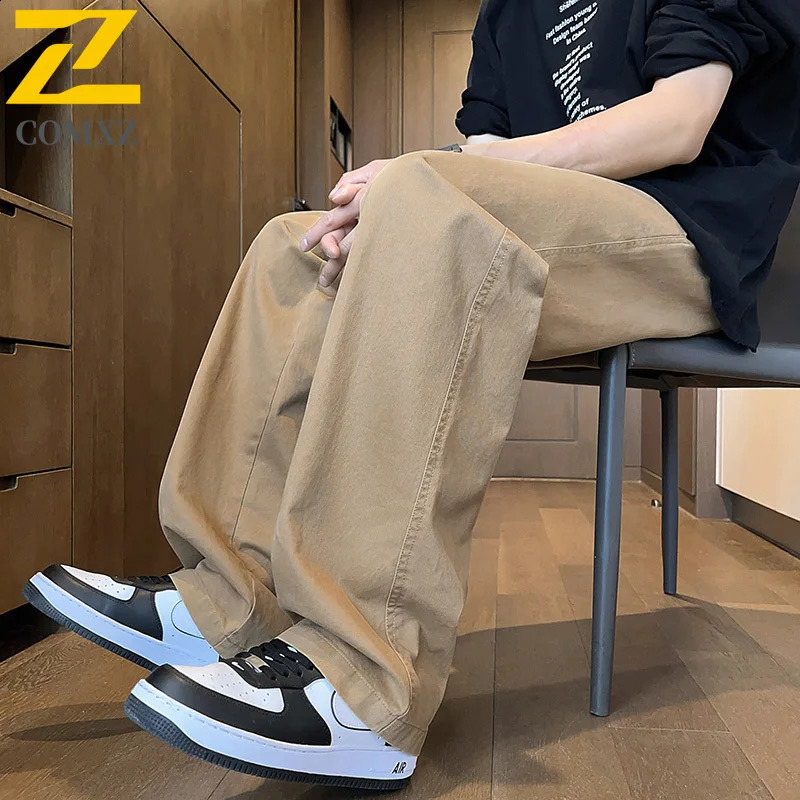 Mens Sports Pants Spring Autumn Casual Loose Khaki Drawstring Stretch Trousers Hip Hop Street Clothing Y2K Straight Leg Pants 250225