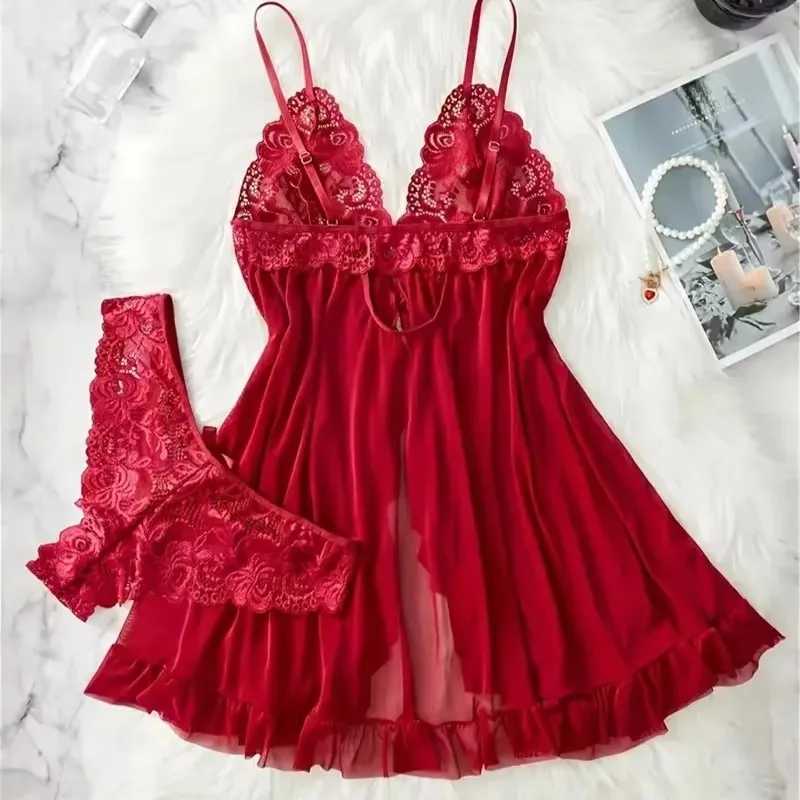 Red sexy lingerie erotic lingerie set transparent erotic lace bra and underwear set lingerie womens hot sleepwear Babydoll dressXJ250301