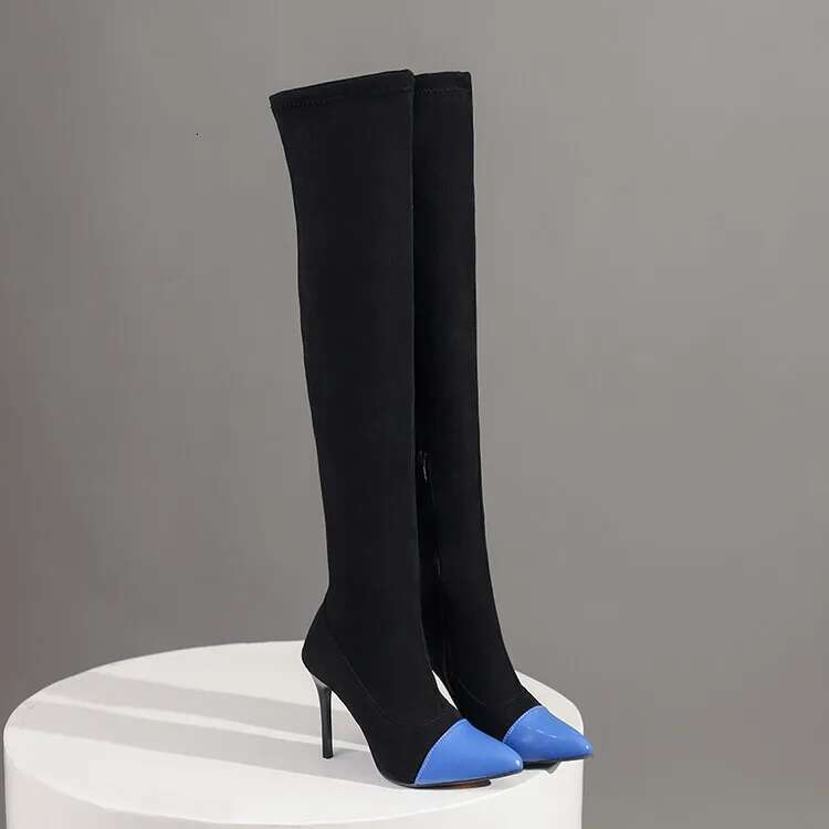 Sexy Stretch Fabric Patchwork Pointed Toe Thigh Slip On Stiletto High Heels Elastic Over The Knee Sock Boots Shoes