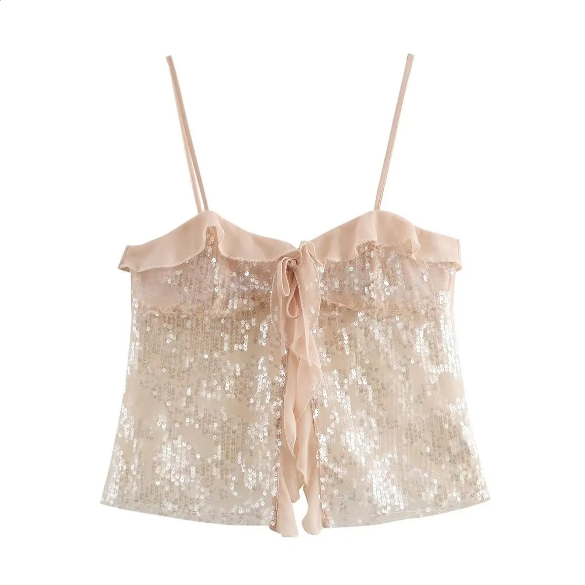 2025 Women Chic Pleat Ruffles Sequined Chiffon Sling Camis Tank Top Lady Backless Short Crop Shirt Blouse Tops Clothes 250226