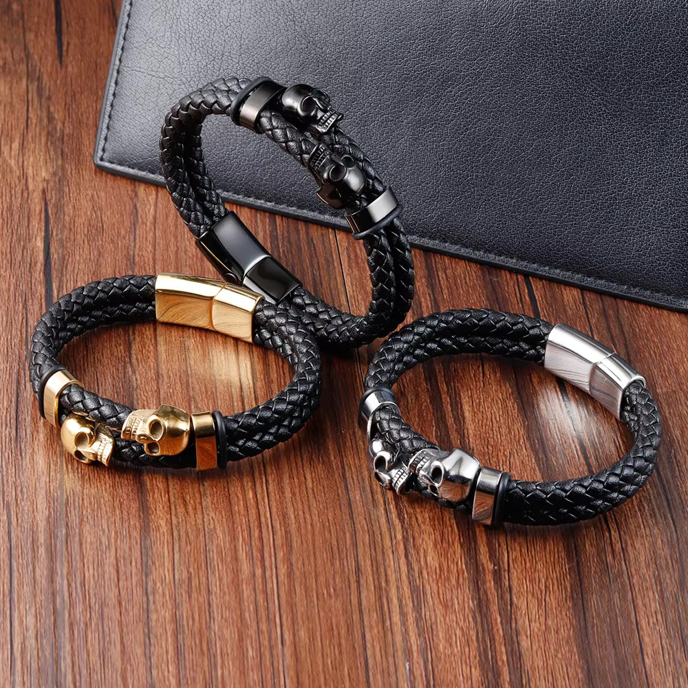 Trendy New Style Bangle Stainless Steel Magnetic Clasp Skull Head Black Braided Genuine Leather Charms Male Mens Bracelet