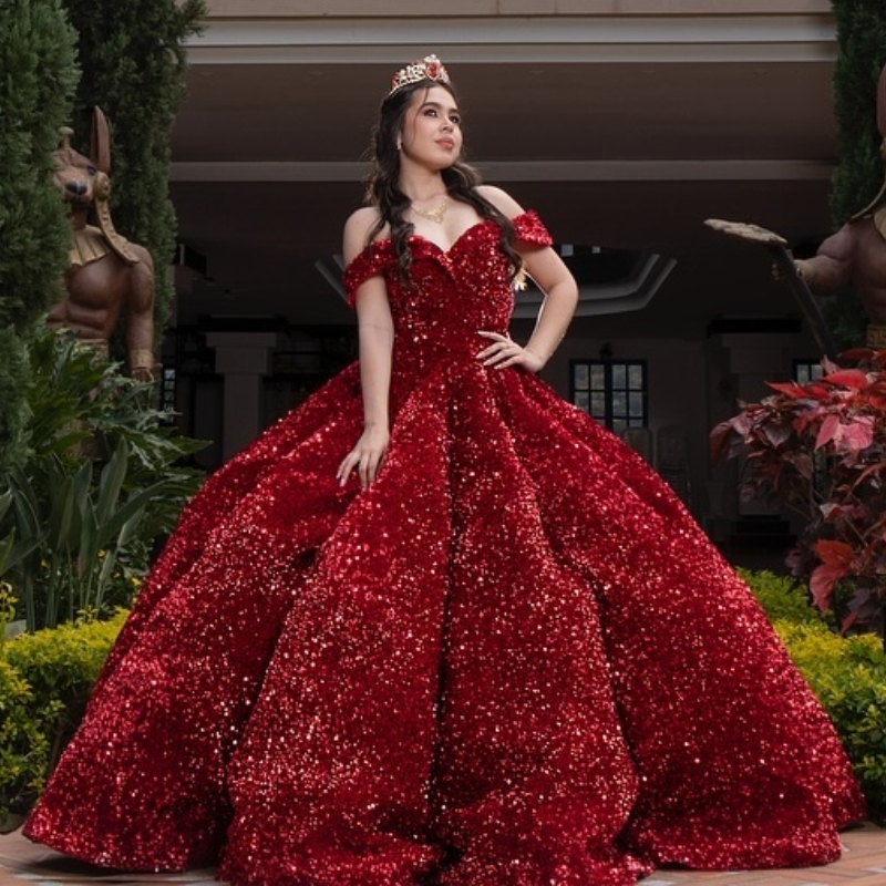 Red Quinceanera Dresses Ball Gown Off The Shoulder Sequined Party Birthday Sweet 16 Dress Vestidos 15 De Anos