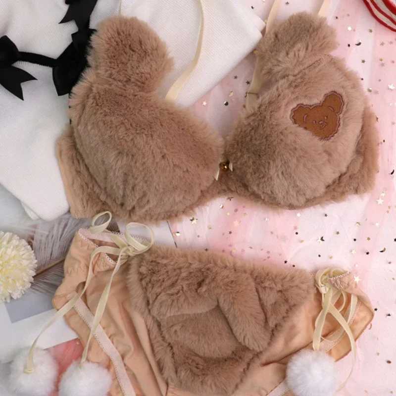 2Pcs Womens Lolita Kawaii Bra Panty Set Cute Bear Embroidery Fluffy Faux Fur Underwire Underwear Plush Ball Bow Japanese Anime LXJ250301