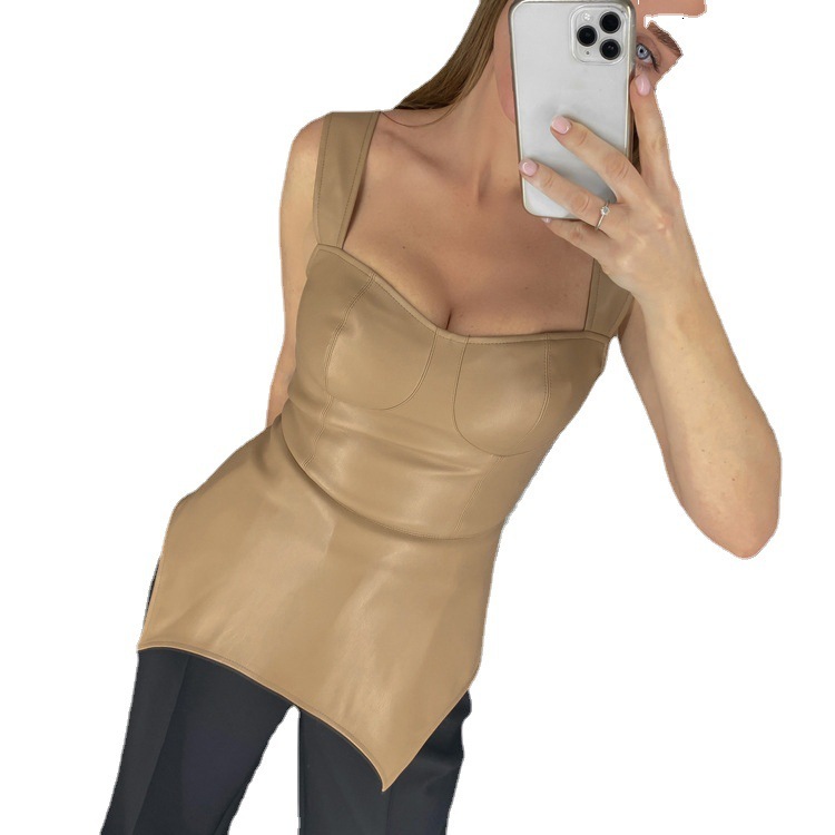 New2 Fengins New Outerwear Small Design Sense Solid Color PU Leather Strap Bra Top Fashion Street