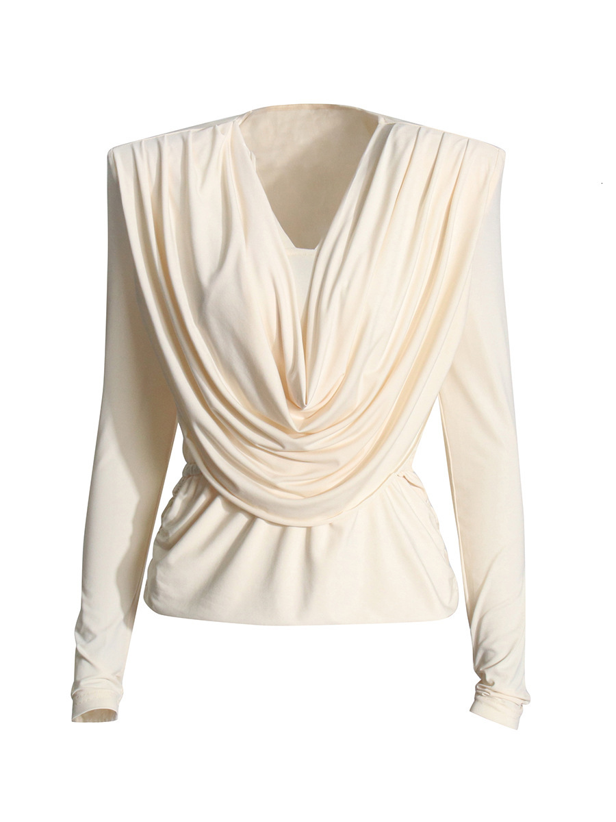 Solid Patchwork Folds Casual Blouses For Women Swinging Collar Long Sleeve Minimalist Slimming Pullover Blouse Female New