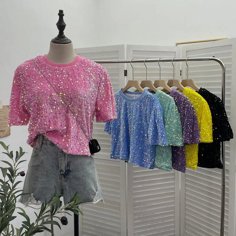 Womens Pink Sequined Short-Sleeved T-shirt Loose Nightclub Blingbling Sweet Short Top 9088 Y2k Essential Streetwear Outfit 250225