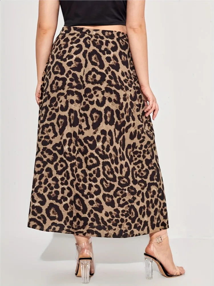 Plus Size Summer Leopard Print Skirts Women Split Fashion Sexy High Waist Ladies Skirts Pleated Woman Long Skirts 250224