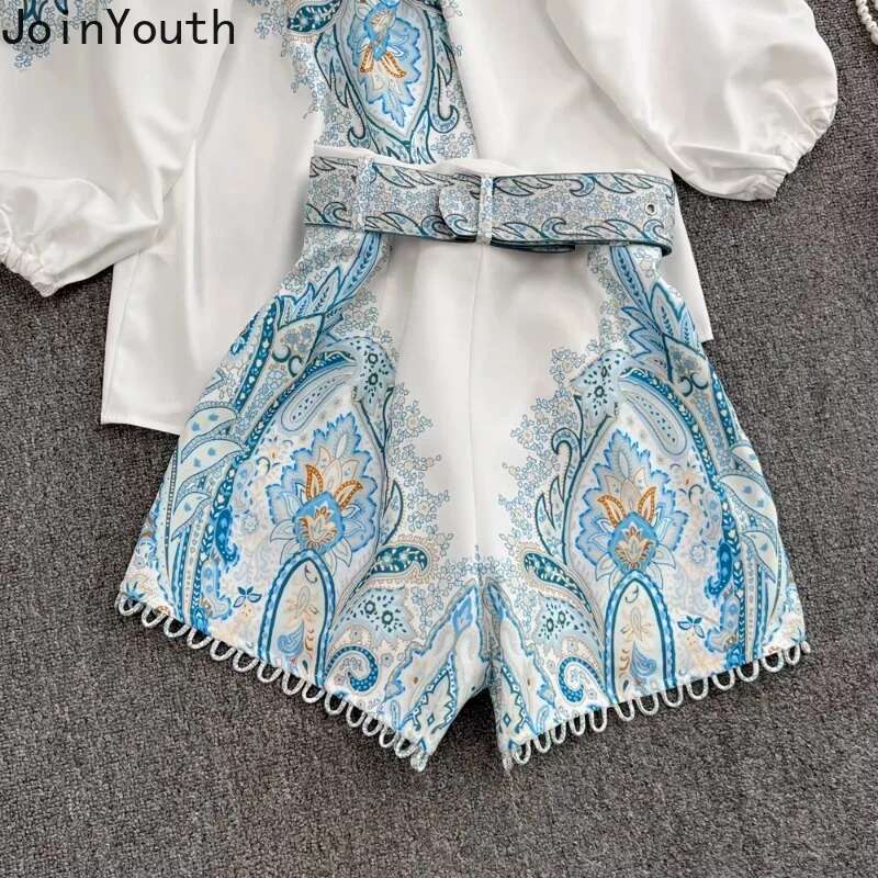 Korean 2 Piece Sets Women Clothes Stand Neck Single Breasted Shirt High Waist Wide Leg Pants Suit Vintage Ral Summer Outfits