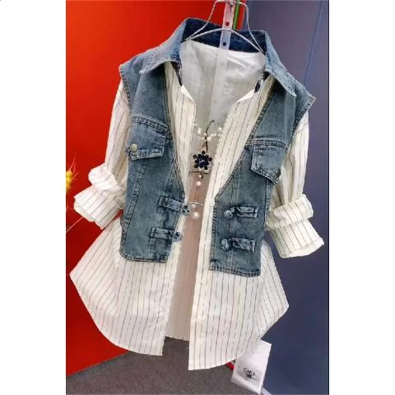 Fashion Striped Denim Jacket Women Spring Summer Plate Button Sense Stitching Waistcoat Shirt Chic Top 250228