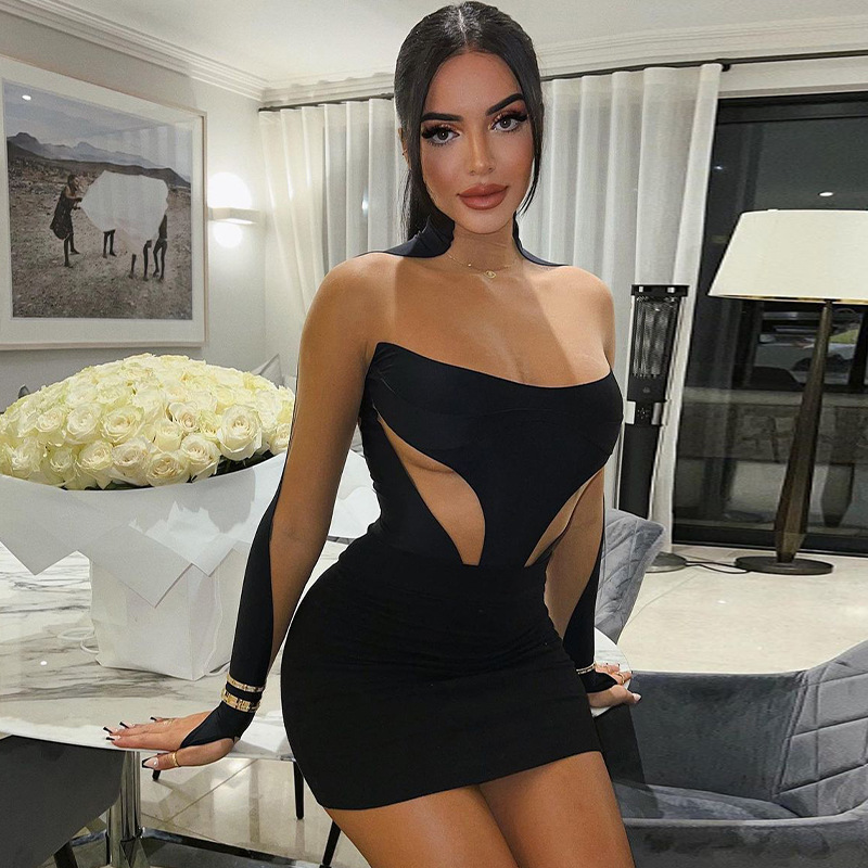 Wind Women's New Summer New Fashionable And Sexy Mesh Splicing Slim Fit Long Sleeved Hip Hugging Dress