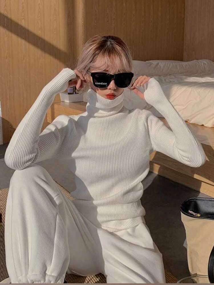 Knitted Women Korean Version Turtleneck Sweater Winter Solid Color Pullover Slimming Interior Lapping Warm Basic Tops
