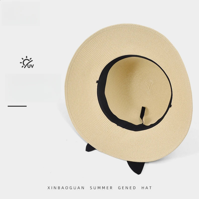 Summer Womens Sun Hat Wide Brim Foldable French Tie Straw UV Protection Casual Sun Hat for Outdoor Activities 55-58cm 250227