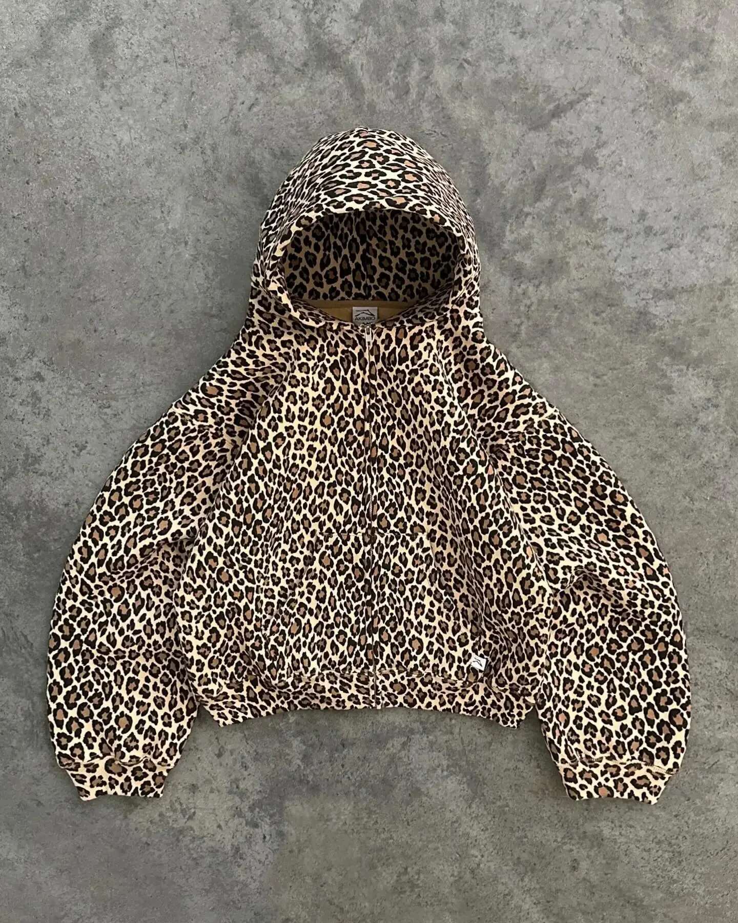 Y2k Leopard Print Plus Veet Hooded Sweater American Retro Ed With Plush Winter Warm Zipper Shirt Oversized Unisex Clothing