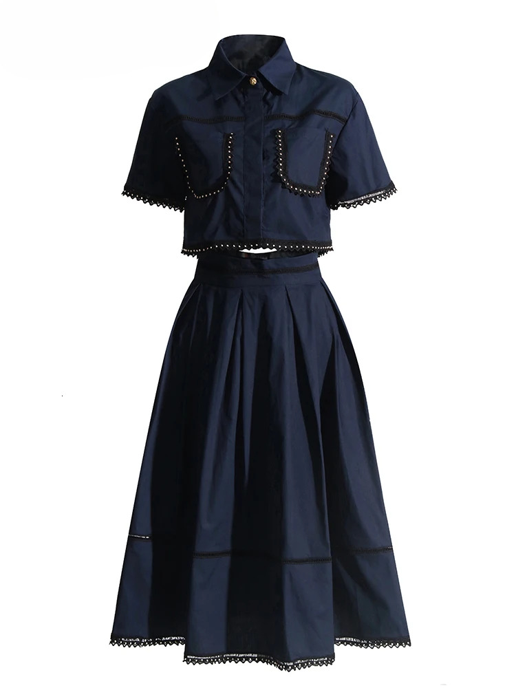 Solid Summer Two Piece Sets For Women Lapel Short Sleeve Tops High Waist A E Skirt Slim Set Female Fashion New