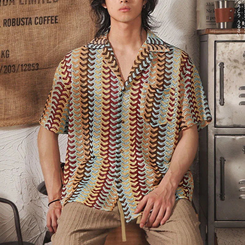 Japanese Style Summer Mens Turn-down Collar Button Hollow Out Contrast Color Jacquard Half Sleeve Loose Shirt Tops 250224
