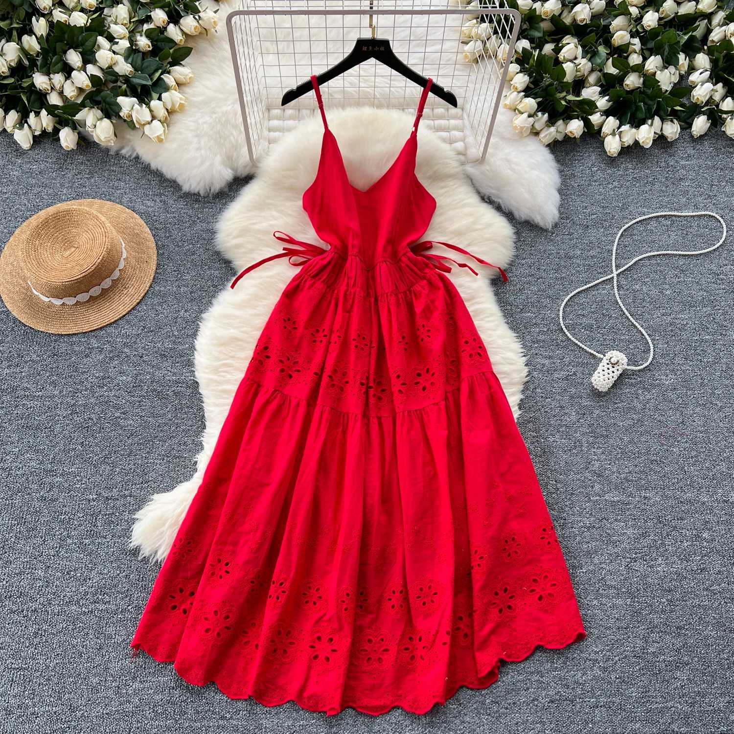 Basic Casual Dresses Korean Sexy Backless bandage cut out Embroidery Slip Dress A-line Chic Casual Beach Vacation Women Summer Vintage Dresses J250301