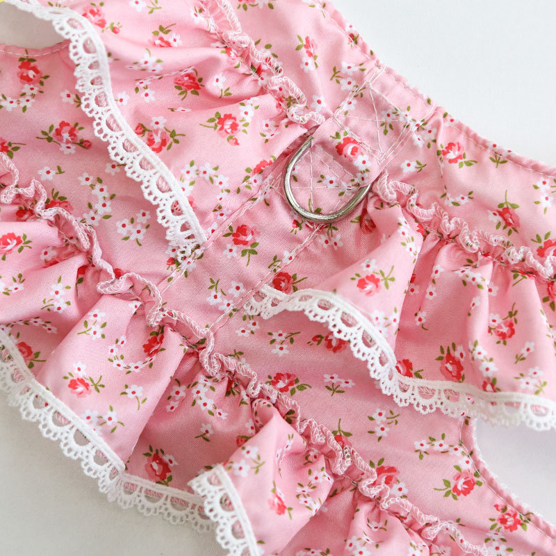 Small Floral Dog Dress Harness Leash Set for Girl Dog Dresses, Cute Puppy Princess Clothes, Pet Doggy Outfits Spring Summer Breathable Dresses Pink S 
