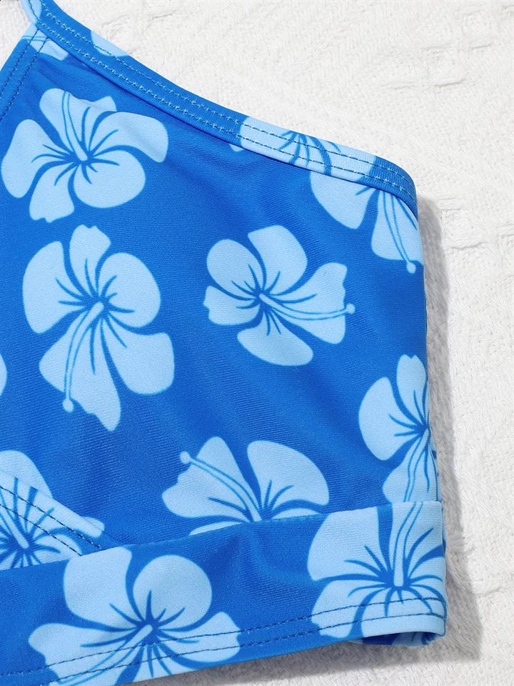 Bikini Kids Girls Swimsuit 2025 Blue Print Sling Set Children Summer Three Piece Beachwear Bathing Suits 250227