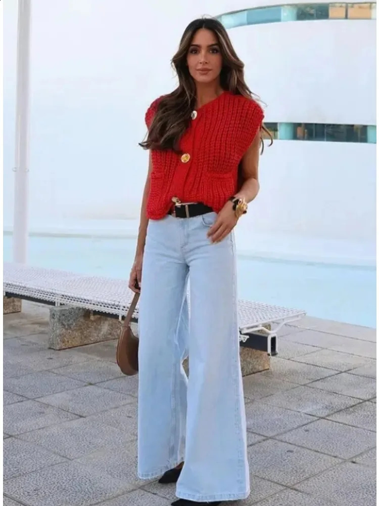 TRAF Spring Womens Knitted Vest Elegant Fashion Women Knit Vest Casual Red Sleeveless O-neck Metal Button Sweater 250226bj