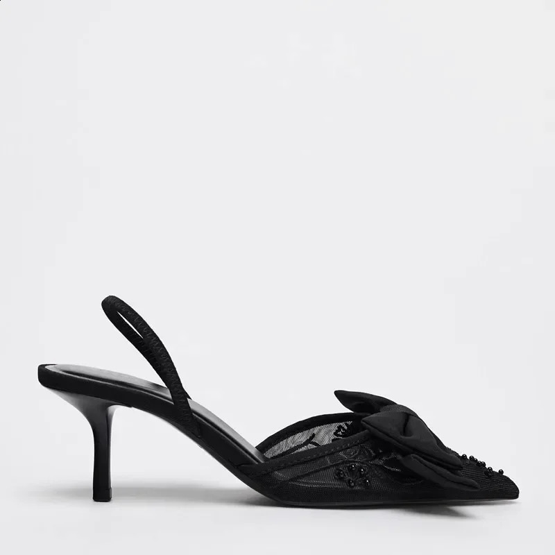 Thin High Heels Women Bow String Bead Pointed Slingback Mules Pumps Mesh Embroider Elegant Dress Sandals Female 250228