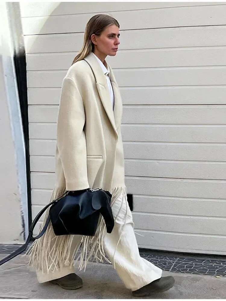 Tassel Apricot Women's Coat Elegant Autumn Long Sleeve Lapel Female Coats 2024 Winter Fashion Streetwear Pocket Lady Overcoats
