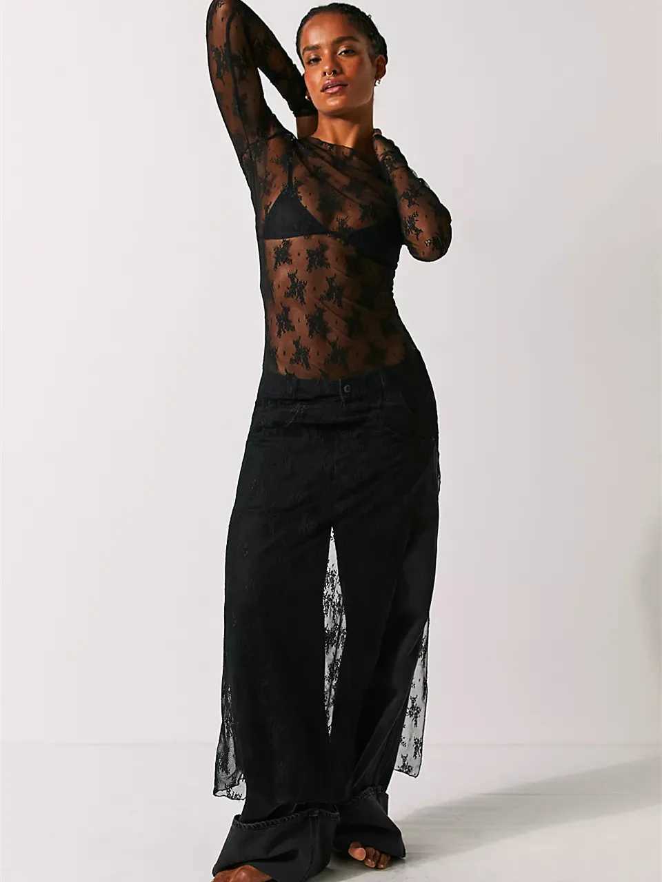 Basic Casual Dresses city Womens Y2K Sheer Lace Maxi Dress Long Sleeve See Through Mesh Floral Lace Split Bodycon Dress Beach Coverups Party Dress J25