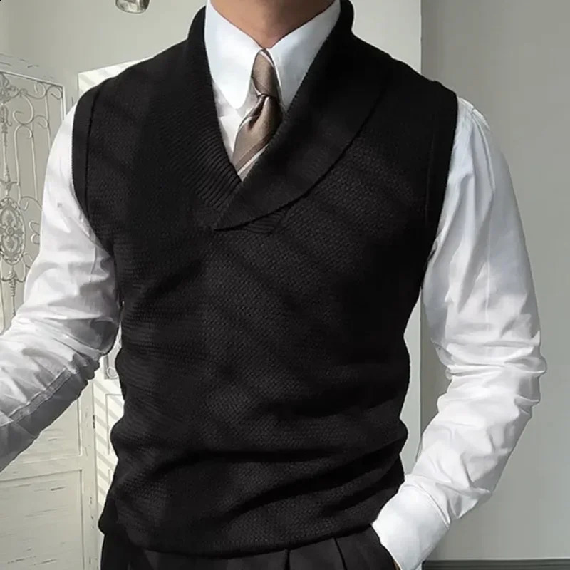 Green Fruit Collar Knitted Vest Korean V Neck Solid Men Sleeveless Pullover British Retro Warm Sweater 250225