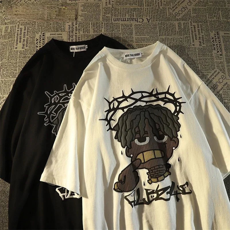 Style Retro Hiphop Pixel Cartoon Short Sleeved Tshirt for Men and Women Ins Summer Loose High Street Couple Top Y2k Gothic 250225