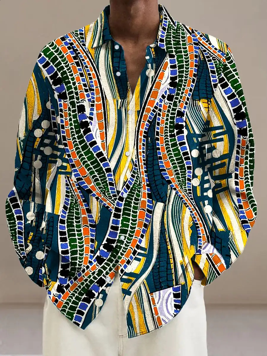 Mens shirt lapel shirt mens 3d printing gentleman retro irregular plant printing casual long sleeve fashion printing shirt 250225