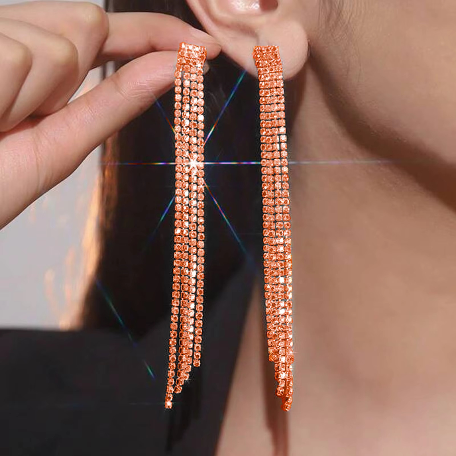 Fashion 12 Colors Crystal Dia Long Tassel Women Rhie Bridal Dangle Earrings for Party Wedding Jewelry