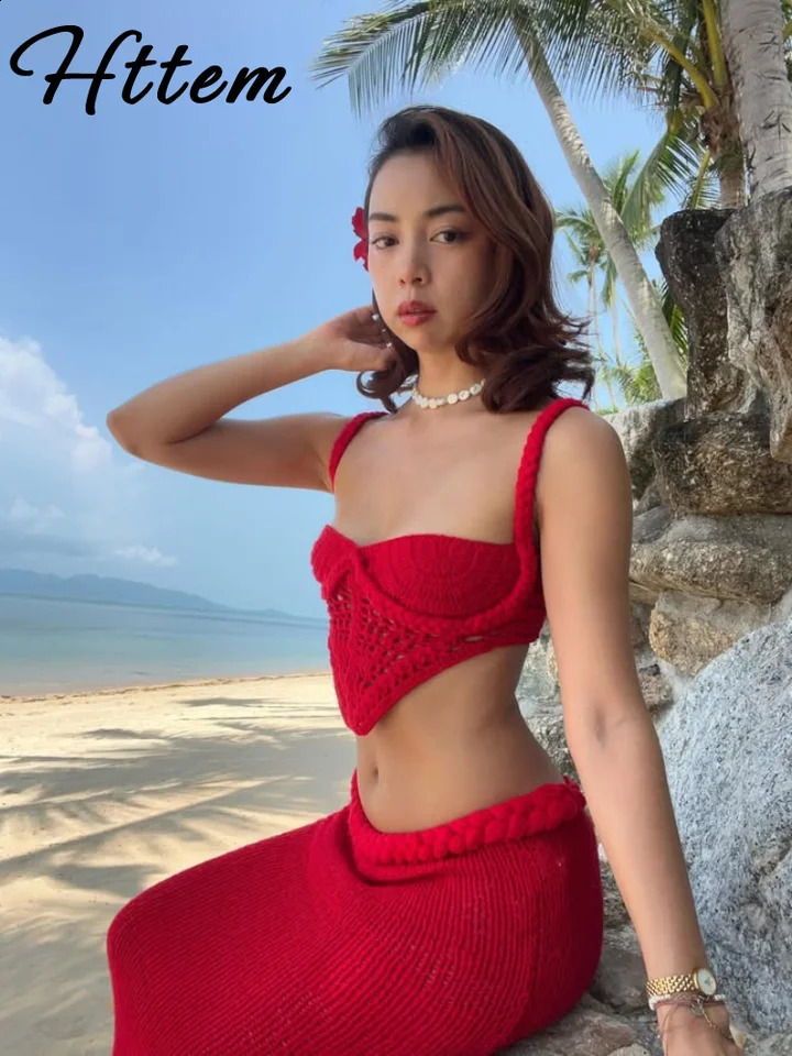 Knit Halter 2 Piece Suit Women Halter Sleeveless Backless Crop Tank Long Hip Package Skirt 2025 Vacation Lady Sets 250226