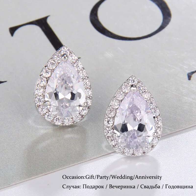 Fashion Sliver Color Pear Cubic Zirconia Stud Earrings Women Crystal Earings Party Water Drop Studs Ear For Girl