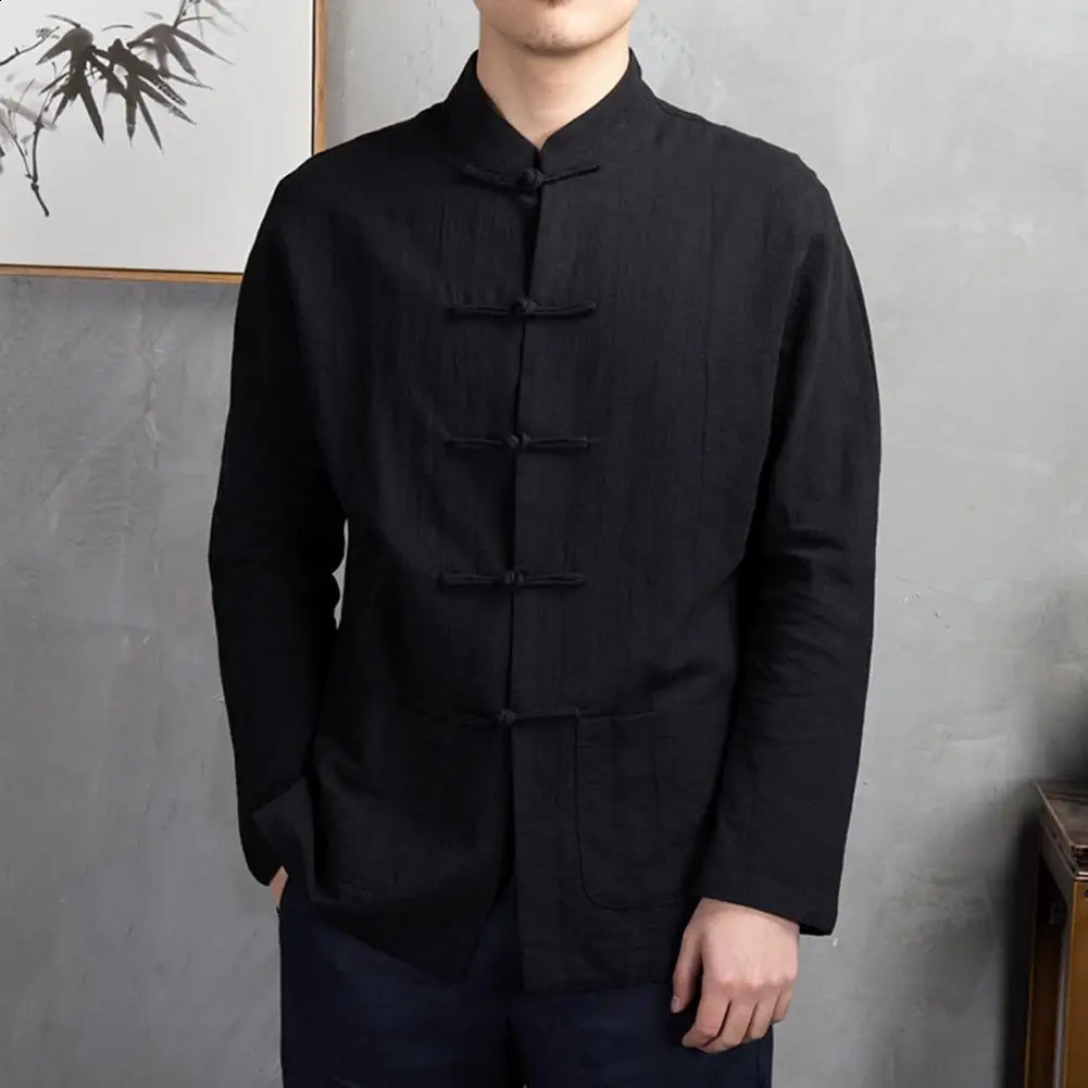 Solid color stand up collar shirt traditional Chinese mens shirt Wenhua collar long sleeved shirt suitable for Kung Fu 250225