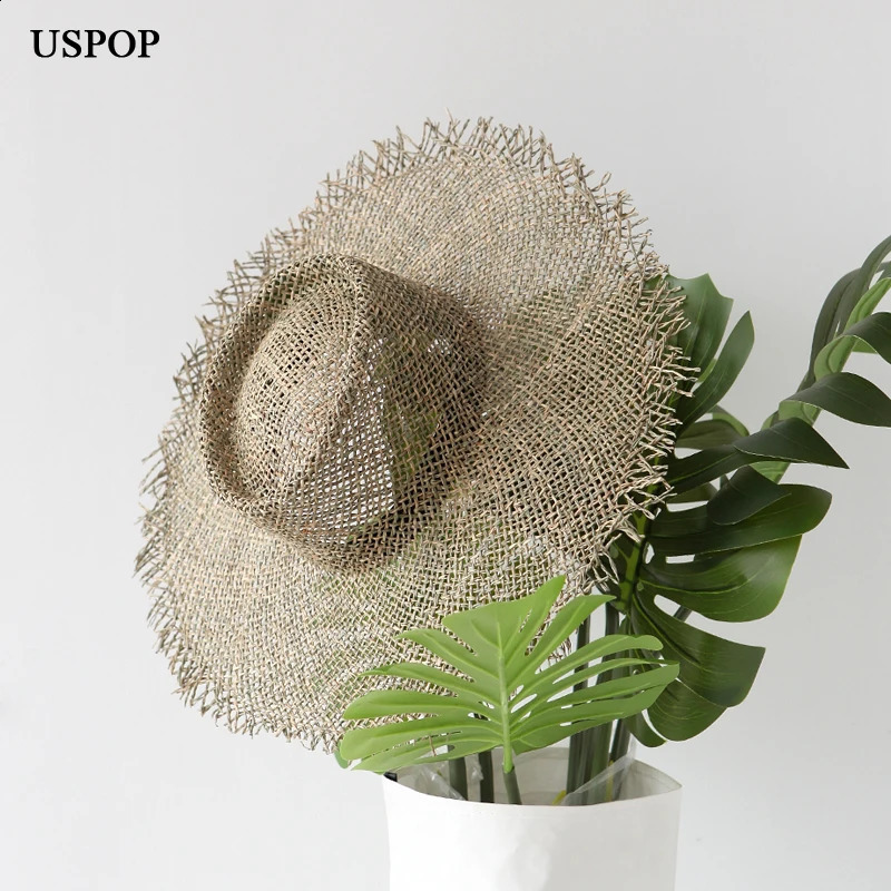 USPOP women handmade sun hats breathable natural seaweed straw hats casual summer wide brim beach hat Jazz straw hat 250227
