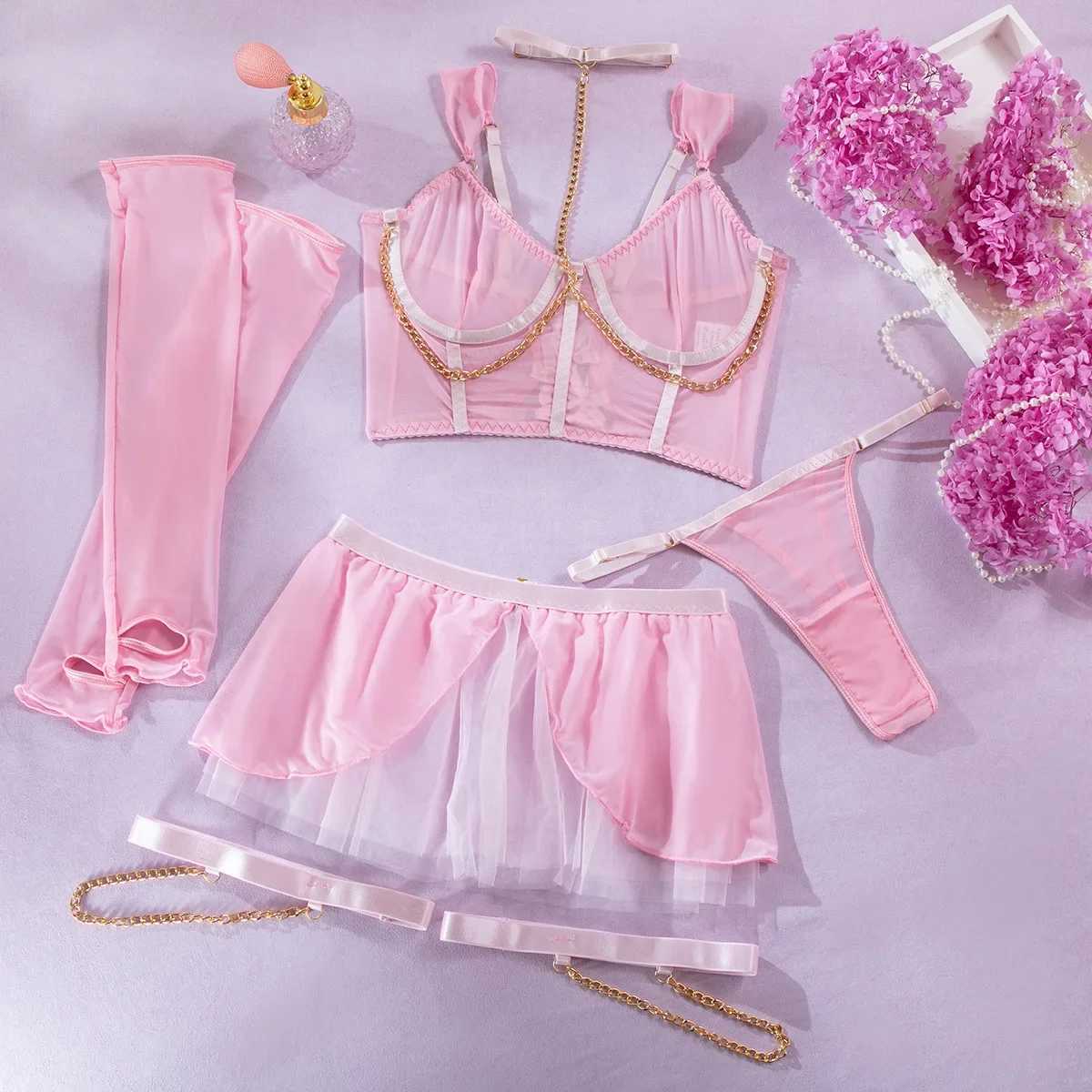 Sexy Pure Desire Mesh Underwear Perspective Skirt Chain Hanging Neck with Gloves Transparent Four Pieces Female See Through BraXJ250301