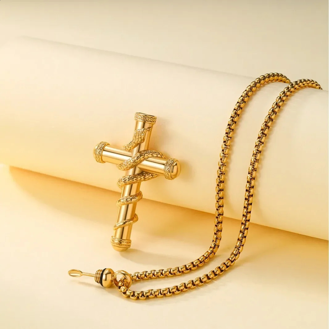 Snake Around Cross Spoon Necklace Exquisite Hollow Spoon Inside Pendant Necklace Trendy Stainless Steel Jewelry Presents 250222