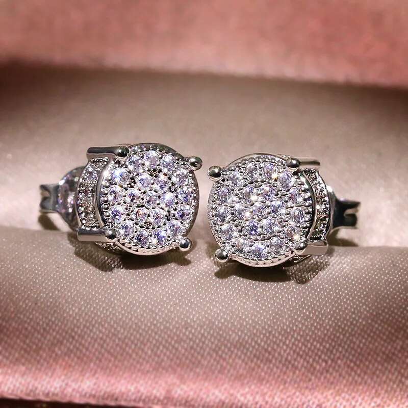 Gold Color Round CZ Earrings Hip Hop Zircon Stud Earringsfor Women Men Wedding Anniversary Gift Jewelry