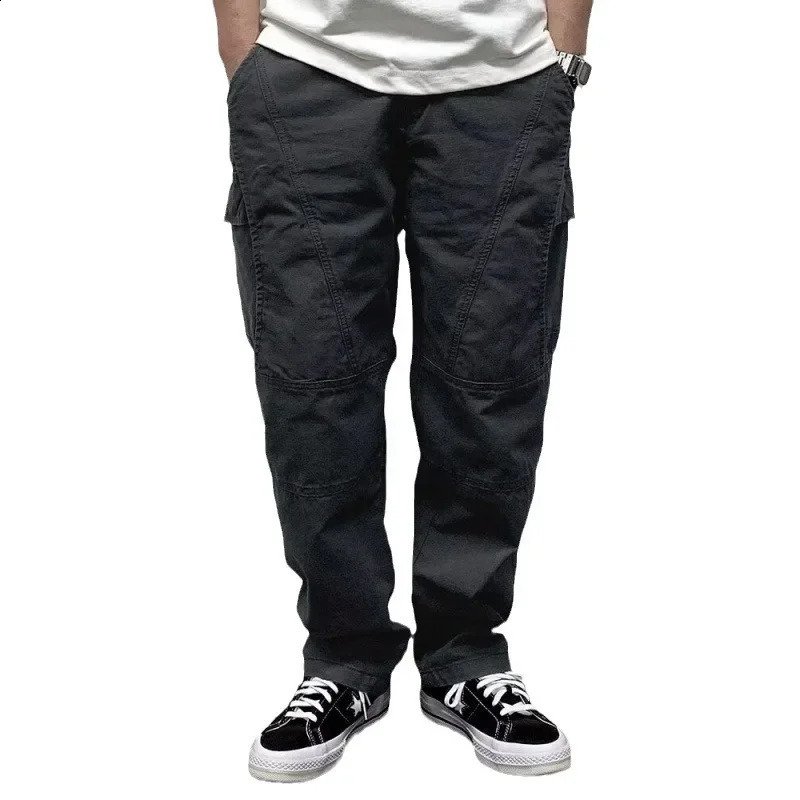 Spring Mens Pants Multi-Pocket Cargo Pants Vintage Solid Color Simple Loose-Fit Casual Pants 250228