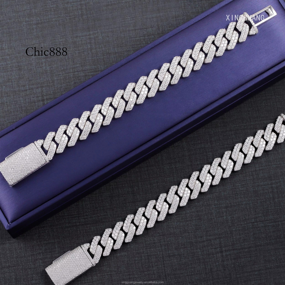 RTS Hiphop Jewelry 8mm-15mm Gold Plated Sterg Sier VVS Moissanite Dia Iced Out Cuban Bracelet