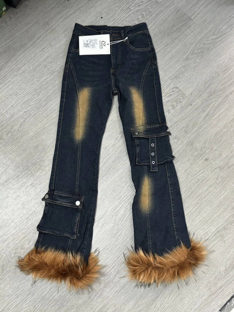 American Y2K retro plush splicing micro flash jeans womens Gyaru Y2K denim ultra-thin cargo pants cyberpunk Hip pop 2000s Tomboy 250225