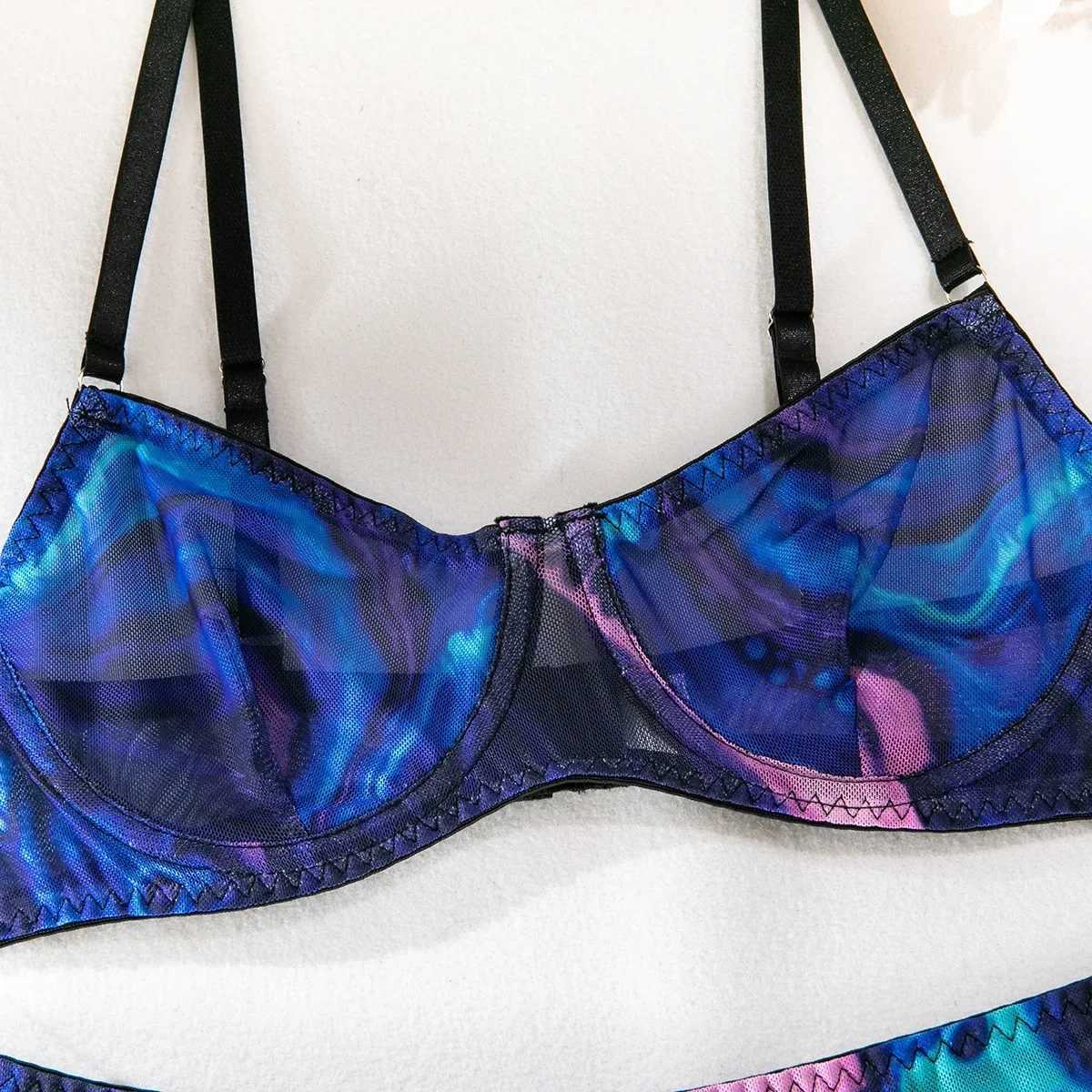 Sexy Perspective Breast Gather Printed Lingerie Set with Gloves Leg Set for Womens Five Piece Set Female Fun Bra Brief SetsXJ250301