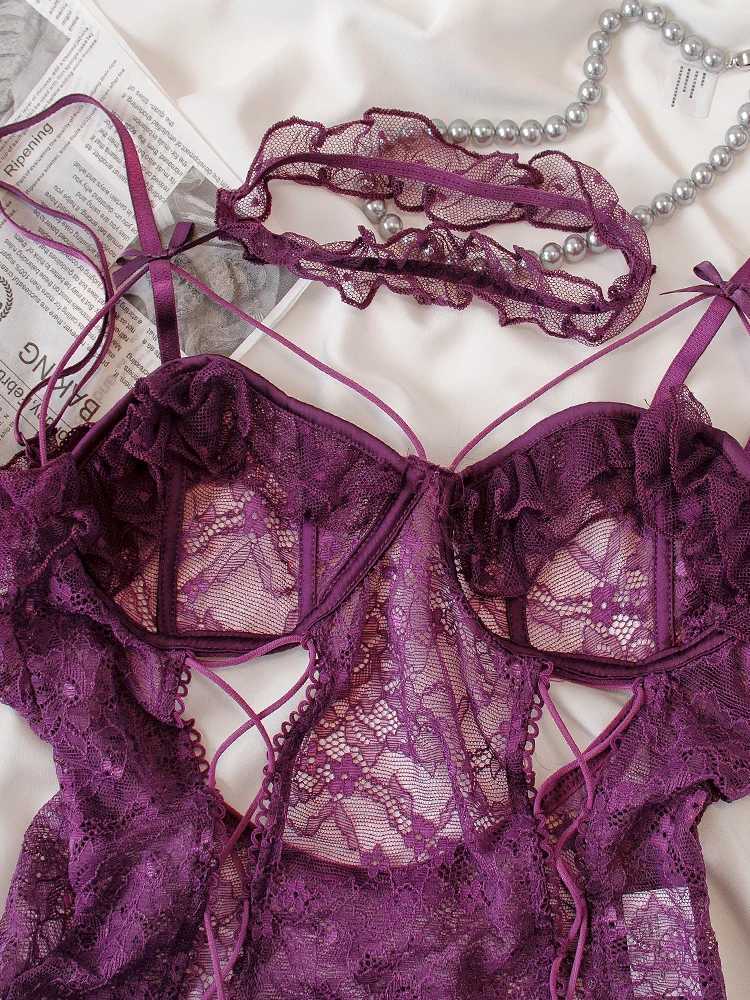 Purple Lace Sexy Lingerie Set Corset Bra Set One Size Women Bodysuit Hollow Out Ladies UnderwearXJ250301