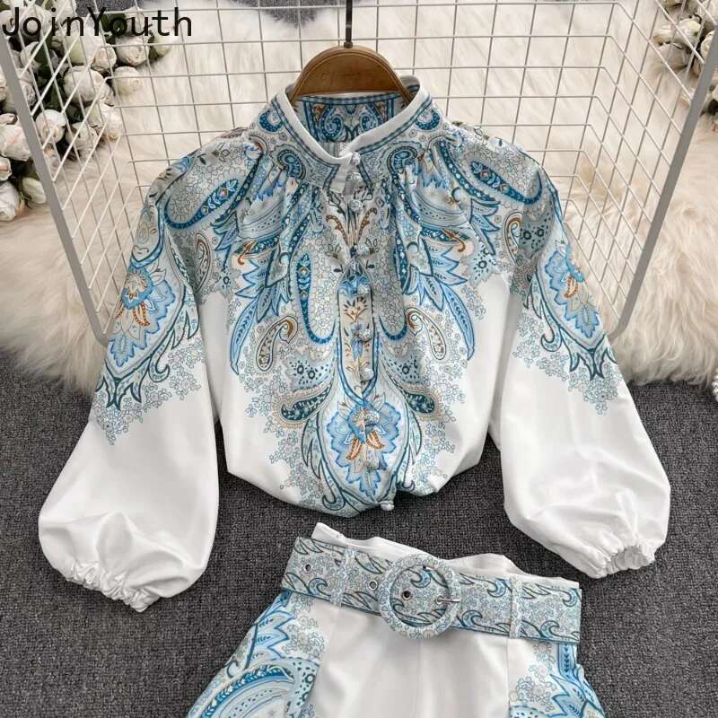 Korean 2 Piece Sets Women Clothes Stand Neck Single Breasted Shirt High Waist Wide Leg Pants Suit Vintage Ral Summer Outfits