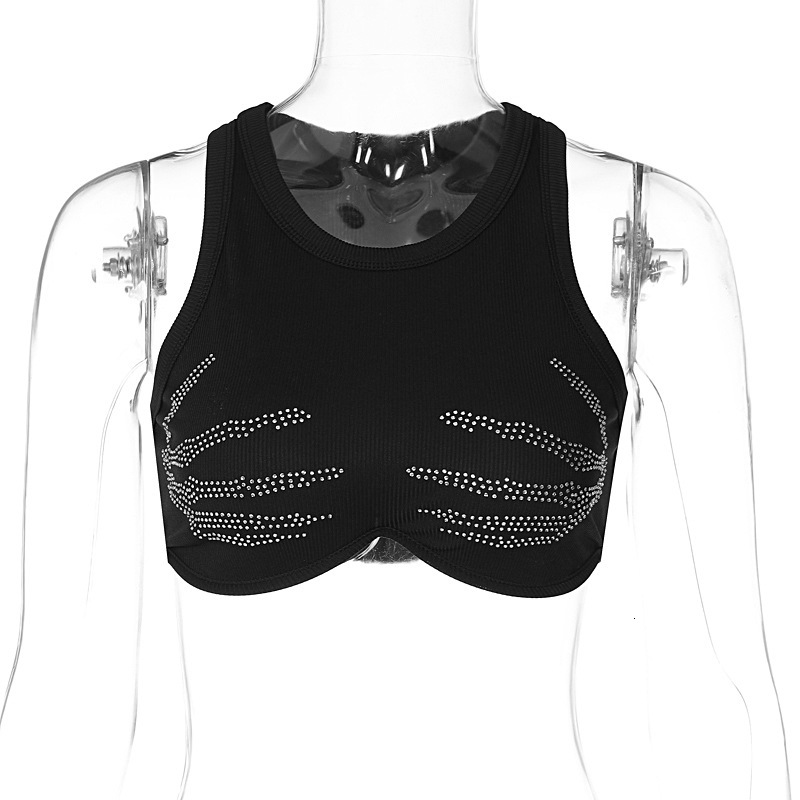 Women's 2023 Summer New Fashion Hot Diamond Slim Fit Round Neck Open Navel Tank Top