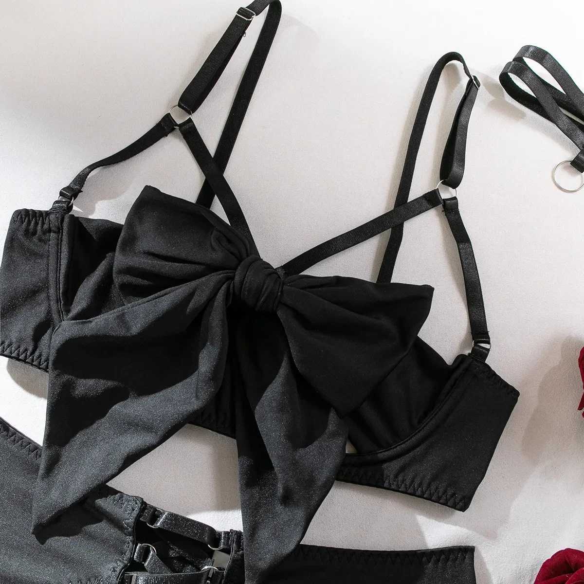 Sexy Hollow Out Bow Decor Lingerie Set Women Solid Exotic Apparel Suit Female Pure Desire Style Underwear with Garter and GlovesXJ250301