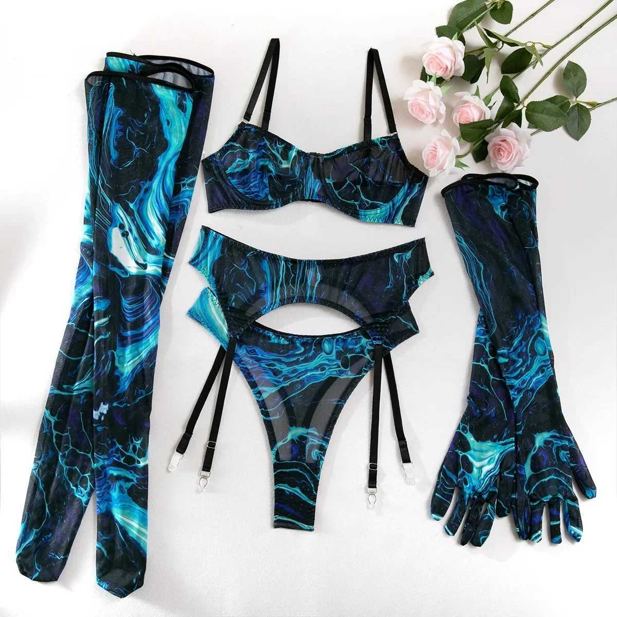 Sexy Perspective Breast Gather Printed Lingerie Set with Gloves Leg Set for Womens Five Piece Set Female Fun Bra Brief SetsXJ250301