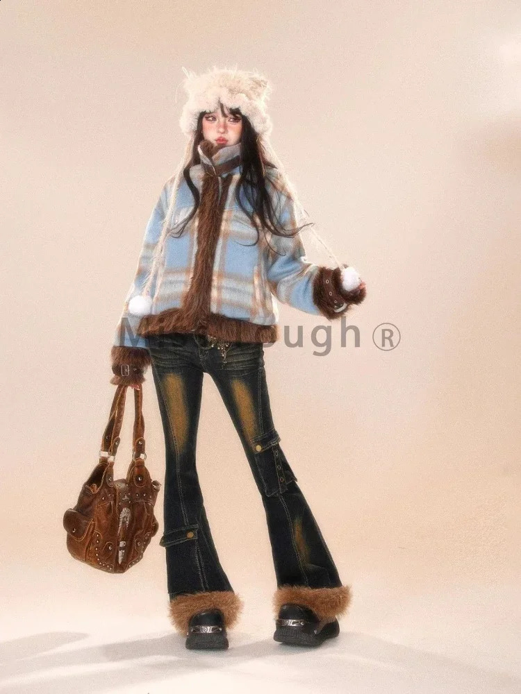 American Y2K retro plush splicing micro flash jeans womens Gyaru Y2K denim ultra-thin cargo pants cyberpunk Hip pop 2000s Tomboy 250225