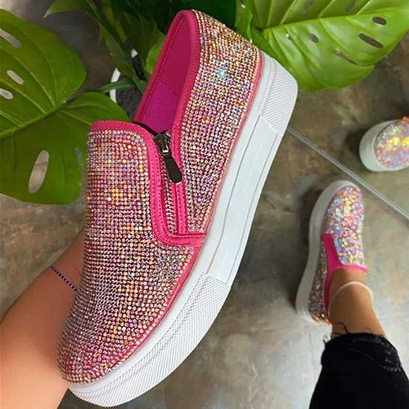 2022 New Fi Loafers Shiny Rhine Zipper Shoes Womens Outdoor Casual Shoes Womens Thick Sole Vulcanized ShoesXJ250301